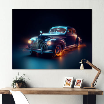 Neon Light Strips Indigo Vintage Car - Car Vintage Canvas Wall Art